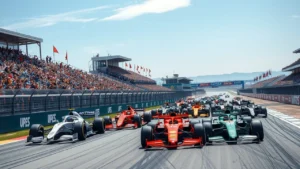 Une scène captivante illustrant les pilotes et écuries emblématiques de la Formule 1 sur un circuit vibrant.