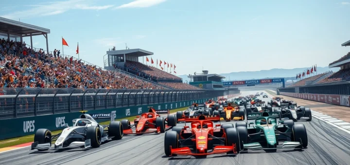 Une scène captivante illustrant les pilotes et écuries emblématiques de la Formule 1 sur un circuit vibrant.