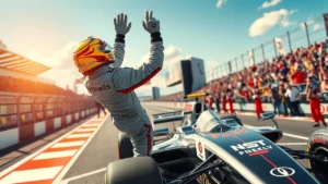 Une scène de victoire emblématique de la Formule 1 avec un pilote célébrant sur le podium.
