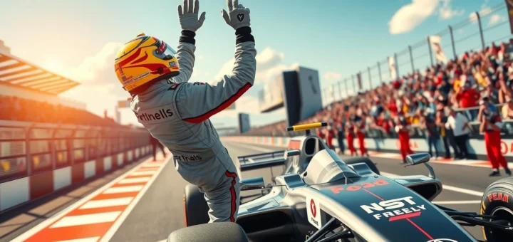 Une scène de victoire emblématique de la Formule 1 avec un pilote célébrant sur le podium.