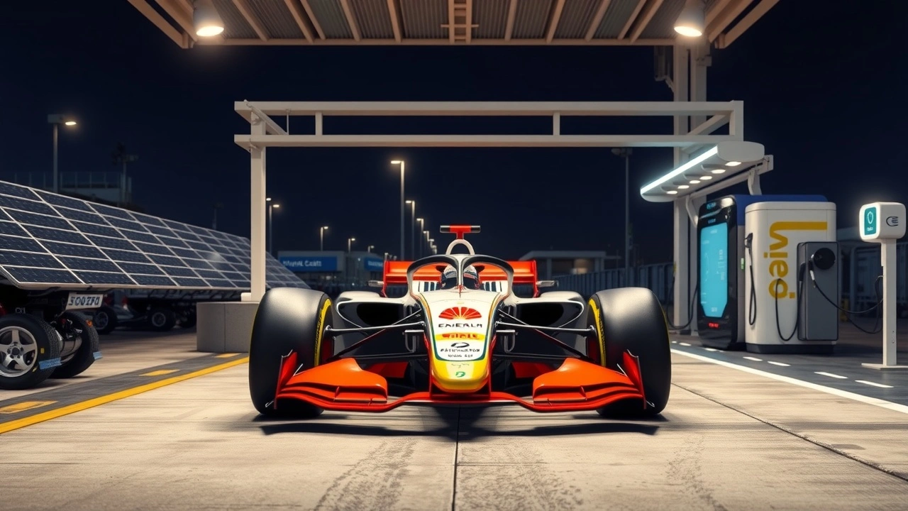 voiture de F1 avec panneaux solaires et station de charge