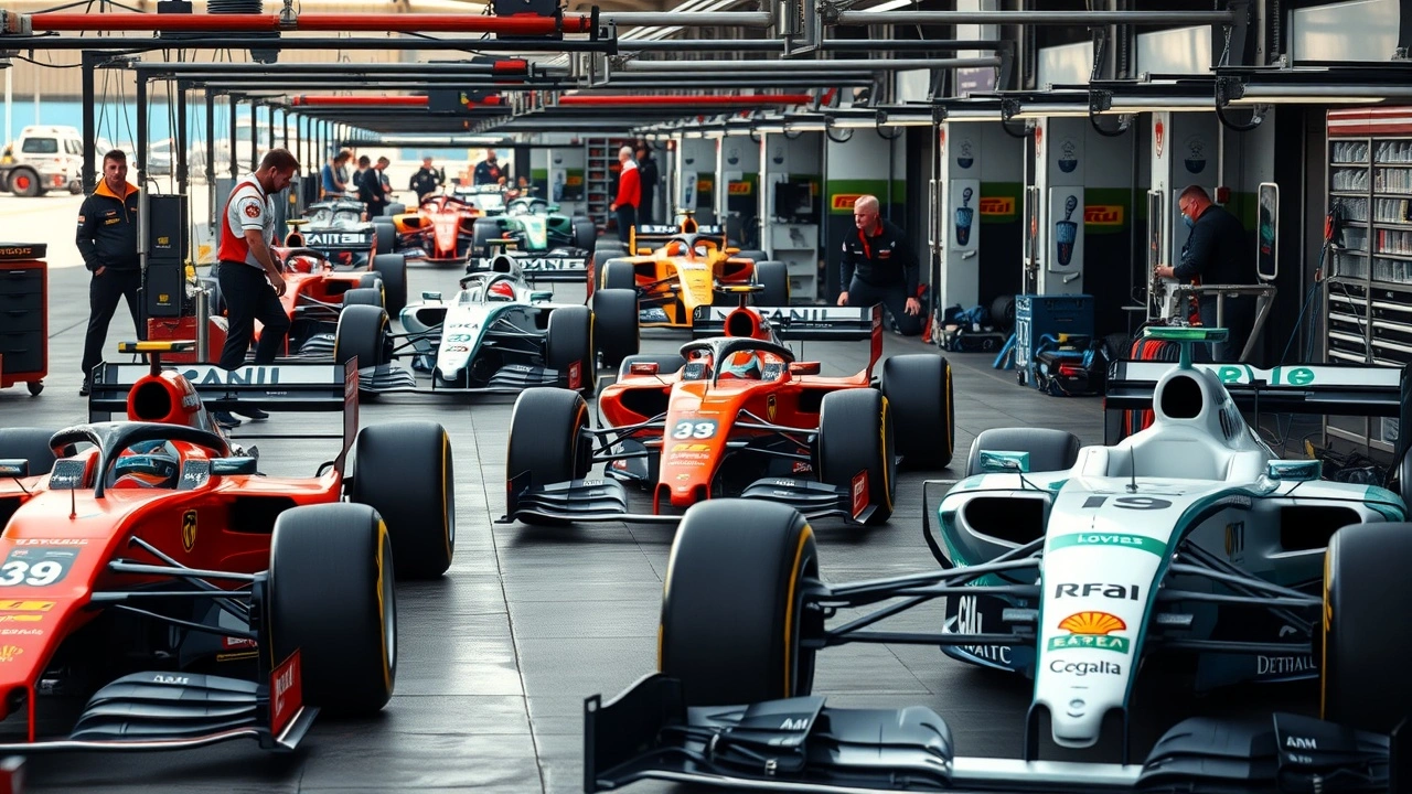 voiture de formule 1 dans les stands avec des mécaniciens