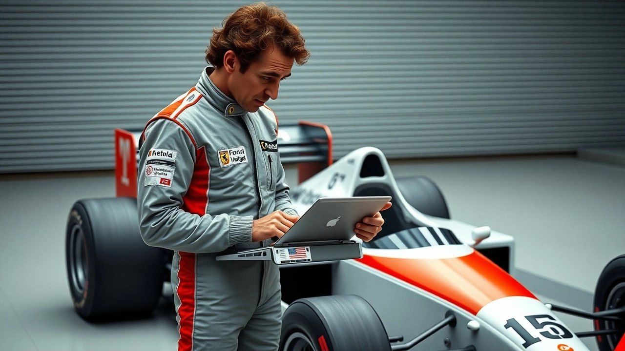 Alain Prost en tenue de course avec sa voiture de F1