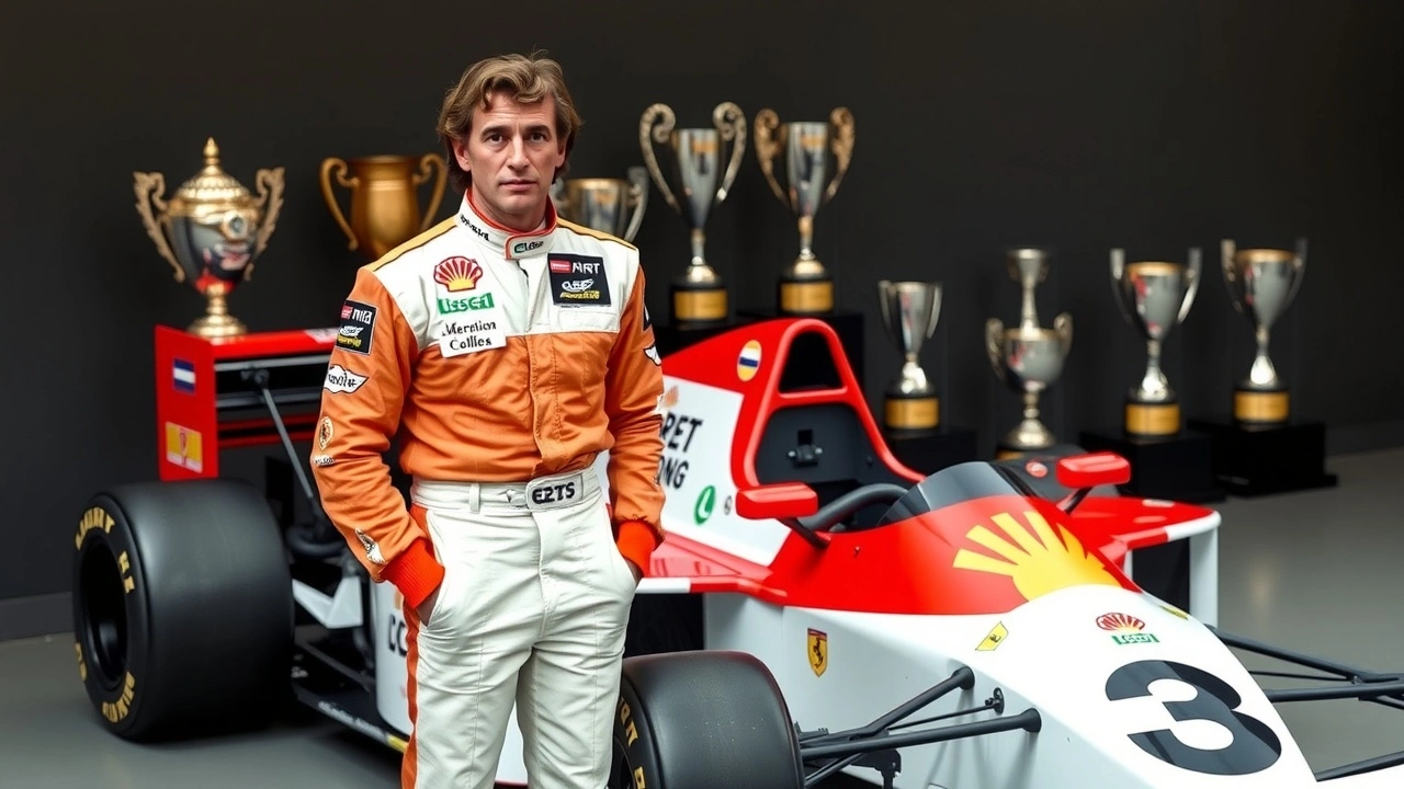 Alain Prost avec sa voiture de Formule 1 et des trophées
