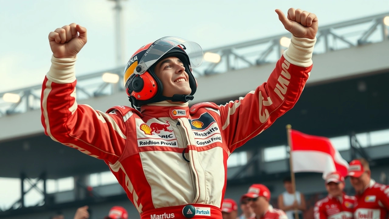 Ayrton Senna sur le podium après une victoire de Grand Prix