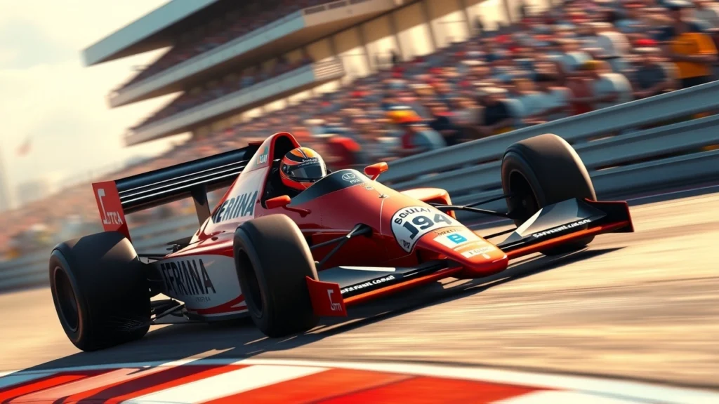 Illustration photorealiste d'Ayrton Senna en pleine course, mettant en avant son style de pilotage.