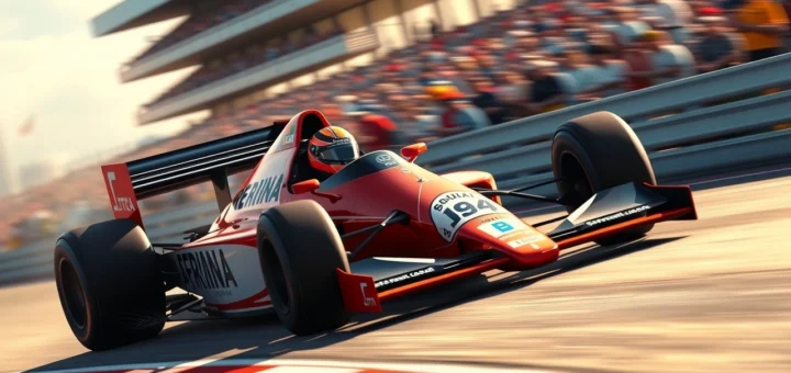 Illustration photorealiste d'Ayrton Senna en pleine course, mettant en avant son style de pilotage.