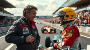 Alain Prost donne des conseils à un jeune pilote de Formule 1 sur un circuit.