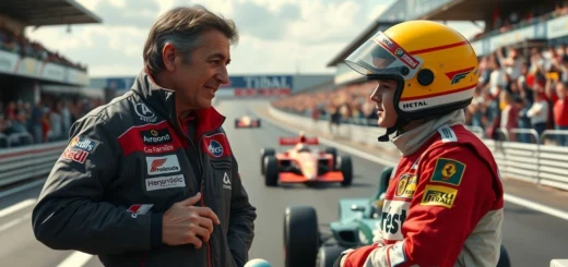 Alain Prost donne des conseils à un jeune pilote de Formule 1 sur un circuit.