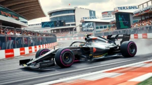 Une illustration photoréaliste des défis technologiques de l'aérodynamisme dans la Formule 1 moderne sur un circuit de course.