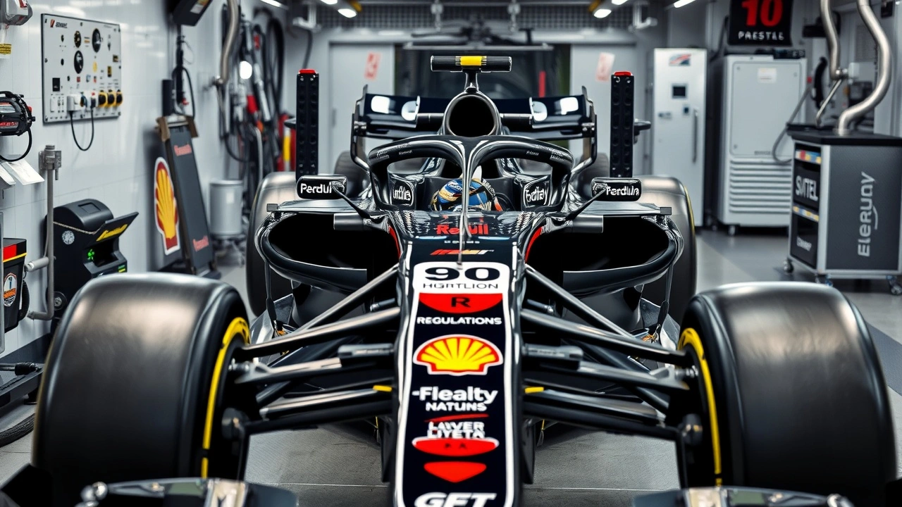 voiture de Formule 1 dans un garage avec inspection technique