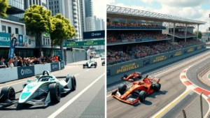 Une image photoréaliste montrant les différences entre la Formule E et la Formule 1, illustrant les environnements culturels des pilotes modernes.