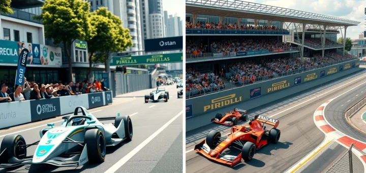 Une image photoréaliste montrant les différences entre la Formule E et la Formule 1, illustrant les environnements culturels des pilotes modernes.