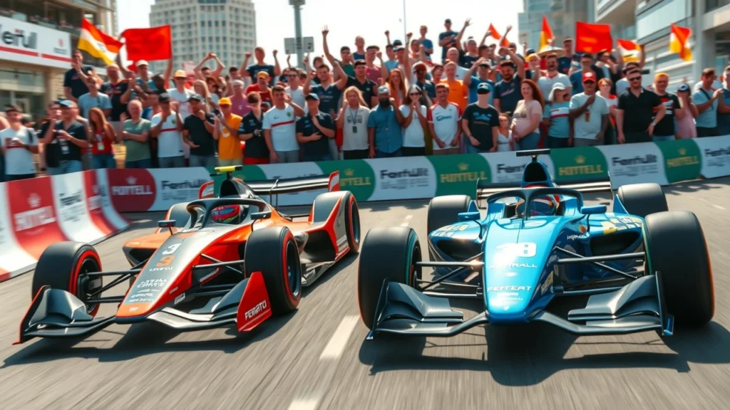Une scène photoréaliste montrant une voiture de Formule E et une voiture de Formule 1 en course dans une ville animée, avec des jeunes fans enthousiastes en arrière-plan.