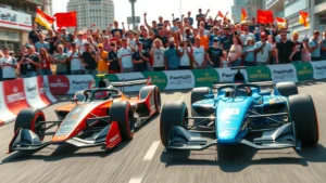 Une scène photoréaliste montrant une voiture de Formule E et une voiture de Formule 1 en course dans une ville animée, avec des jeunes fans enthousiastes en arrière-plan.