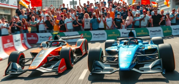 Une scène photoréaliste montrant une voiture de Formule E et une voiture de Formule 1 en course dans une ville animée, avec des jeunes fans enthousiastes en arrière-plan.