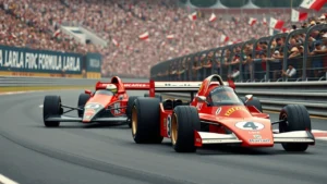 L'héritage d'Alain Prost en Formule 1 avec une voiture moderne et une voiture vintage sur un circuit de course animé.