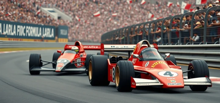 L'héritage d'Alain Prost en Formule 1 avec une voiture moderne et une voiture vintage sur un circuit de course animé.