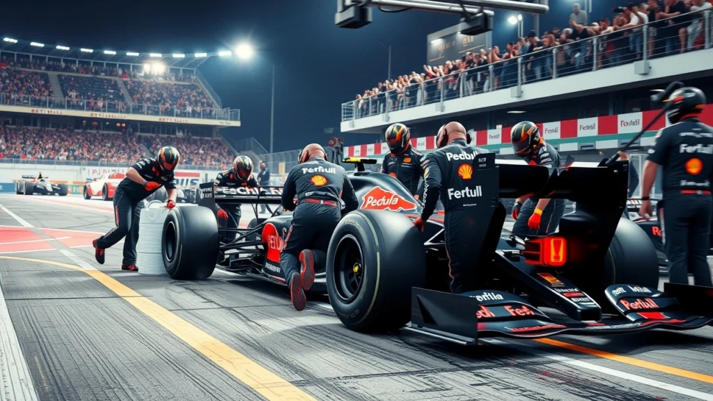Une image montrant l'importance des arrêts aux stands en Formule 1, avec des mécaniciens en action autour d'une voiture de course.