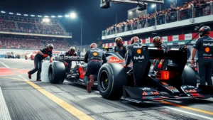 Une image montrant l'importance des arrêts aux stands en Formule 1, avec des mécaniciens en action autour d'une voiture de course.