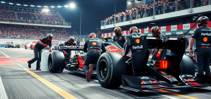 Une image montrant l'importance des arrêts aux stands en Formule 1, avec des mécaniciens en action autour d'une voiture de course.