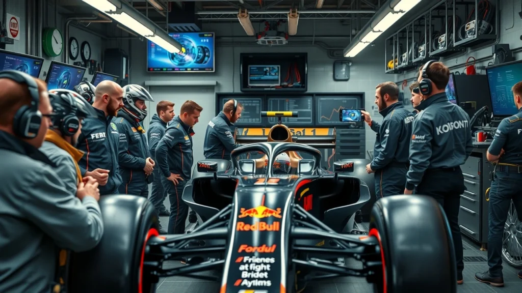 Une scène illustrant une équipe de Formule 1 dans leur garage, montrant la collaboration autour d'une voiture de course.