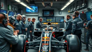 Une scène illustrant une équipe de Formule 1 dans leur garage, montrant la collaboration autour d'une voiture de course.