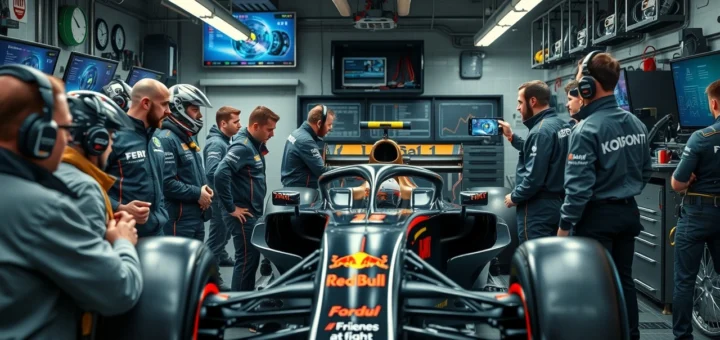 Une scène illustrant une équipe de Formule 1 dans leur garage, montrant la collaboration autour d'une voiture de course.