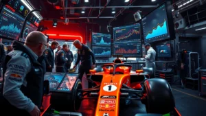 Une illustration photorealiste d'une équipe de F1 utilisant des outils d'analyse de données pour améliorer leur performance.