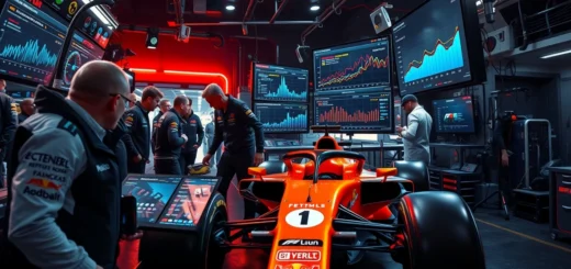 Une illustration photorealiste d'une équipe de F1 utilisant des outils d'analyse de données pour améliorer leur performance.