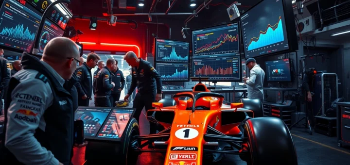 Une illustration photorealiste d'une équipe de F1 utilisant des outils d'analyse de données pour améliorer leur performance.