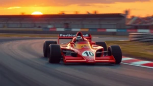 Une scène photoréaliste illustrant un moment stratégique d'Alain Prost en Formule 1.