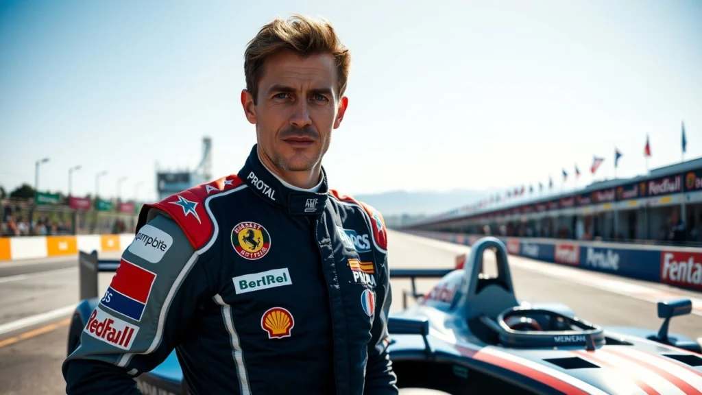 Portrait photorealiste de Nicolas Prost en tenue de course avec une voiture de course en arrière-plan