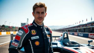 Portrait photorealiste de Nicolas Prost en tenue de course avec une voiture de course en arrière-plan