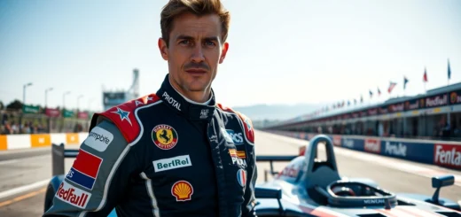 Portrait photorealiste de Nicolas Prost en tenue de course avec une voiture de course en arrière-plan