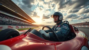 Une image illustrant un pilote de course sur un circuit, symbolisant la dynamiques entre héritage familial et ambitions modernes.