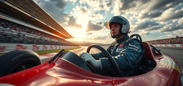 Une image illustrant un pilote de course sur un circuit, symbolisant la dynamiques entre héritage familial et ambitions modernes.