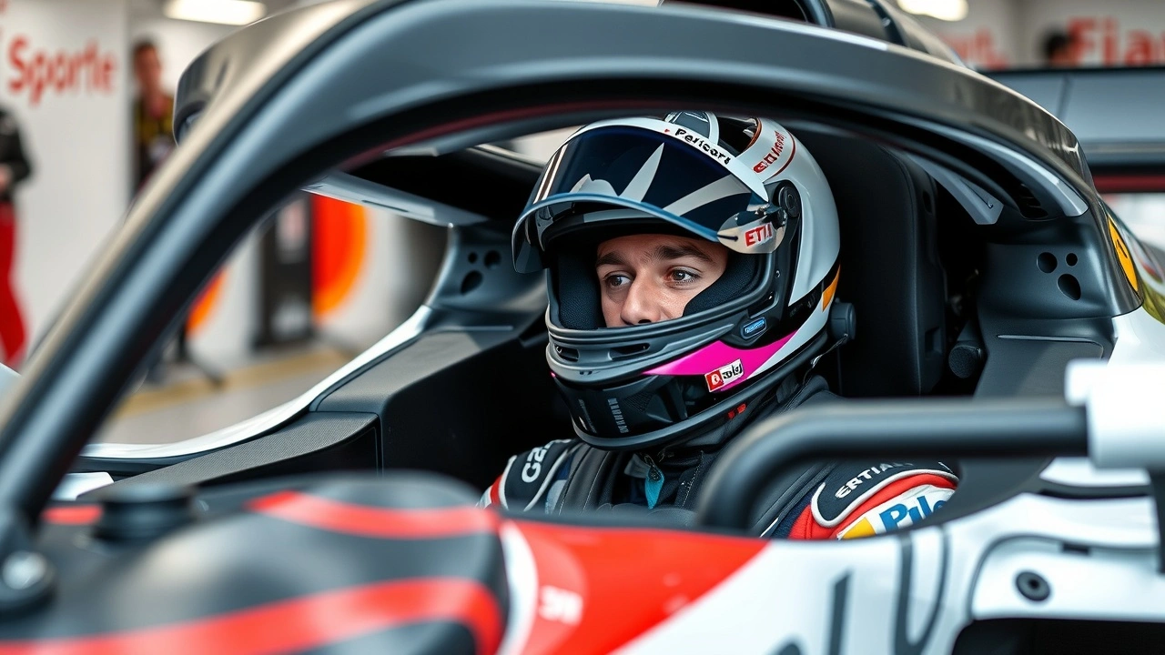 pilote de Formule 1 dans sa voiture au stand
