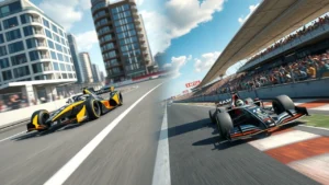 Une scène de course illustrant les défis des pilotes en Formule E et Formule 1.