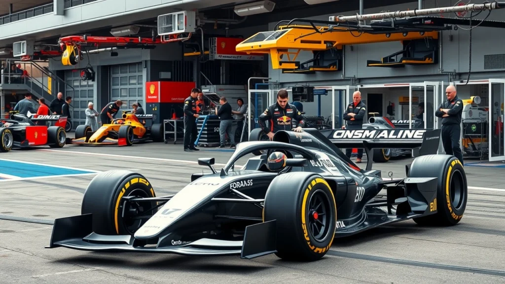 Une scène illustrant l'importance des tests pré-saison en Formule 1, montrant des équipes se préparant avec des voitures de course.