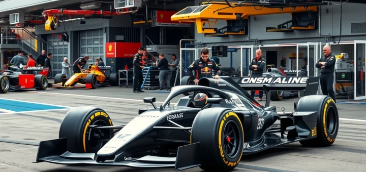 Une scène illustrant l'importance des tests pré-saison en Formule 1, montrant des équipes se préparant avec des voitures de course.